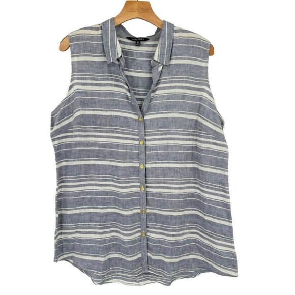 Ellen Tracy Womens Sleeveless Button Down Striped Blouse size XL Blue  Linen - Picture 1 of 11